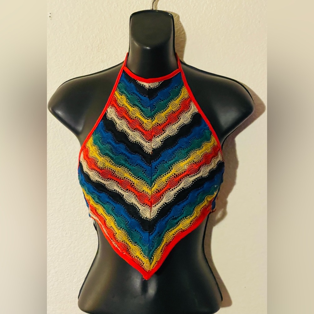 MULTI COLOR STRIPE CROCHET HALTER TOP